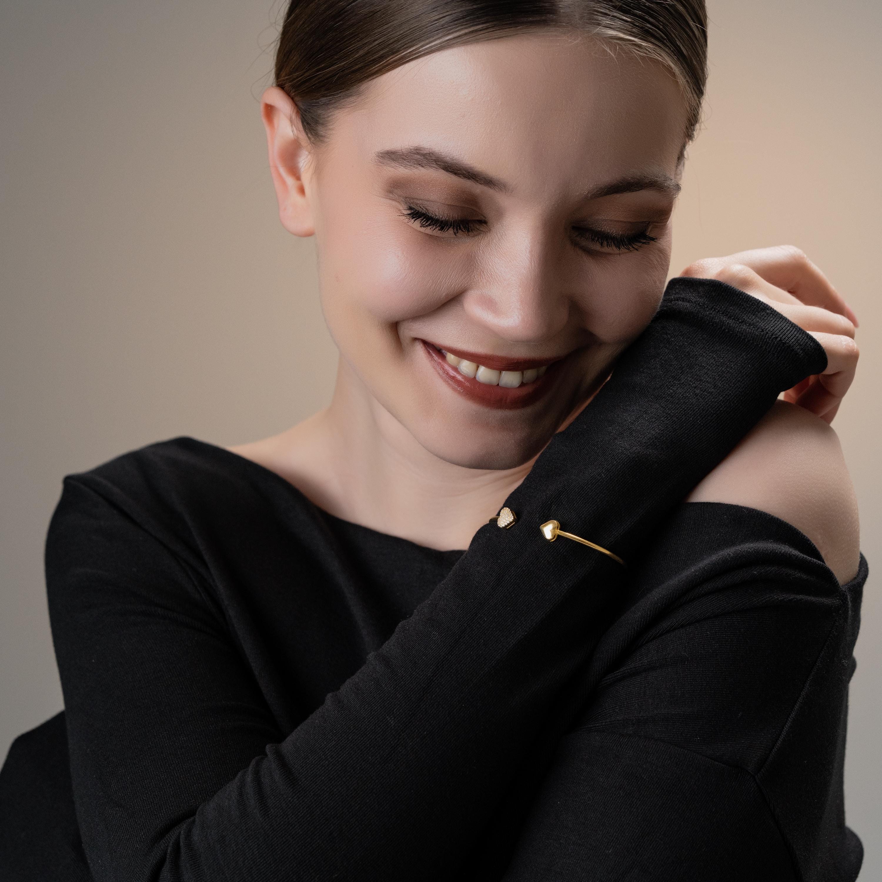 Gold Heart Open Cuff Bracelet - Sterling Silver