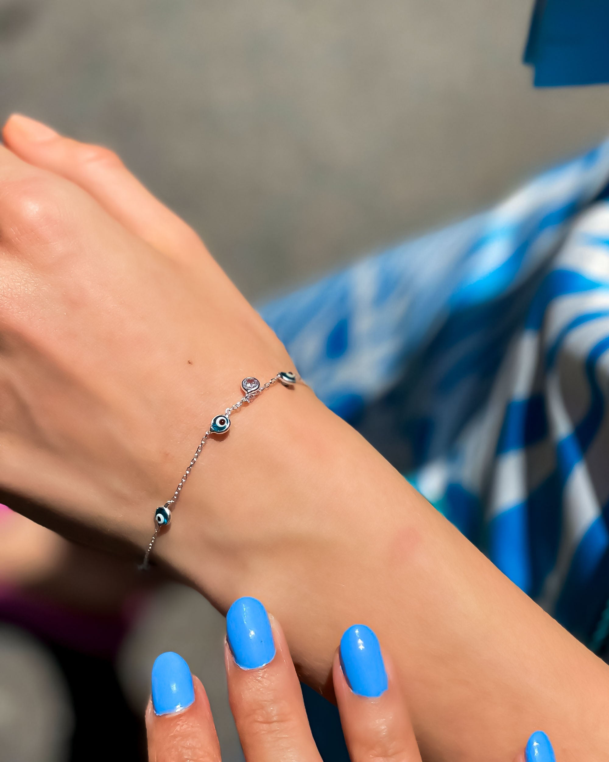 Blue Evil Eye Bead Bracelet - Sterling Silver
