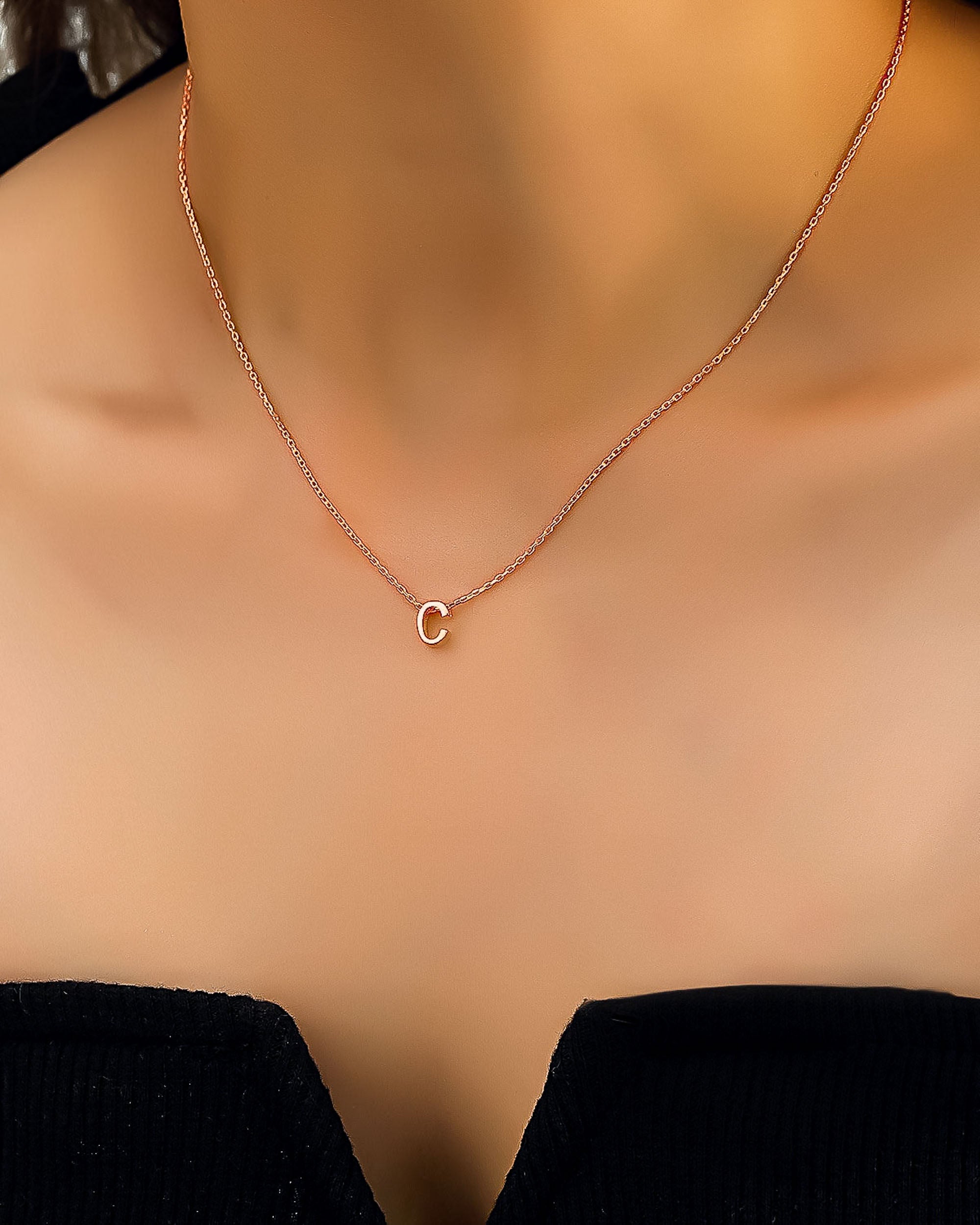 Personalized Initial Letter Necklace - Sterling Silver (Rose Gold)