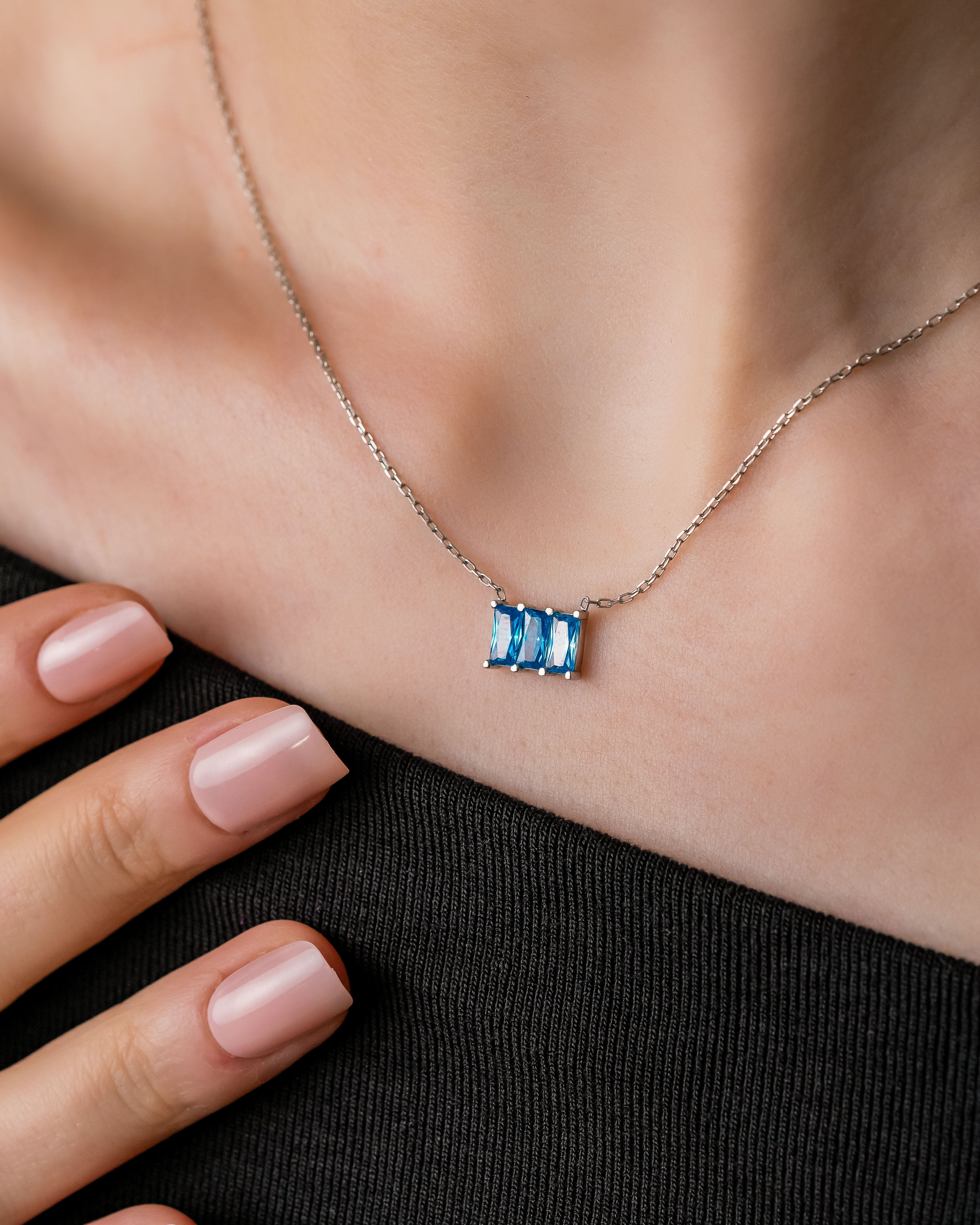 Baguette Cut Birthstone Necklace - Sterling Silver