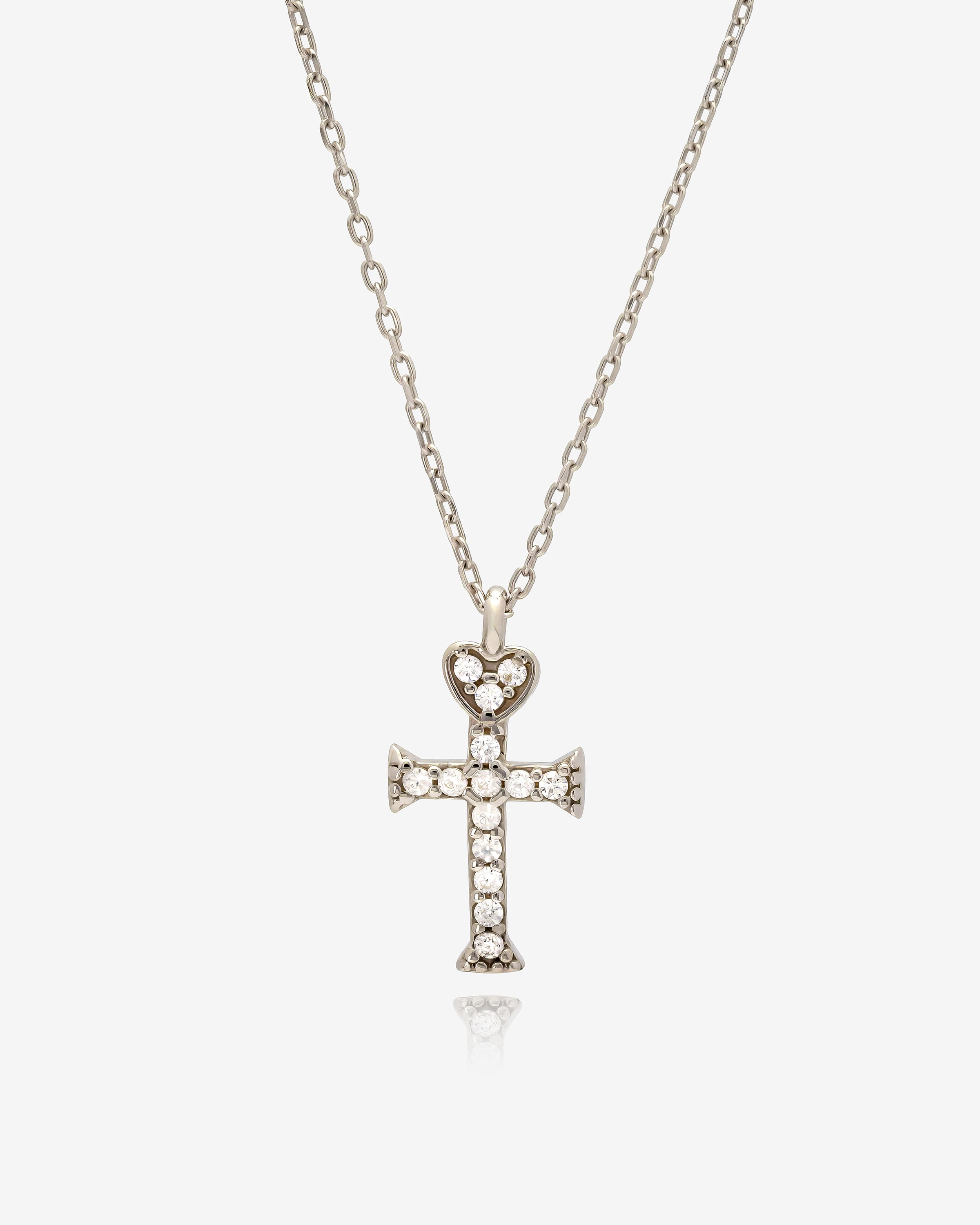 Dainty Heart Cross CZ Necklace - Sterling Silver
