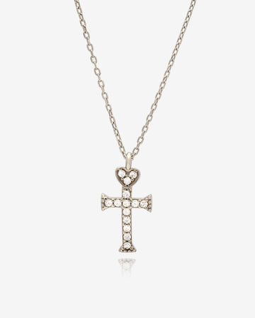 Dainty Heart Cross CZ Necklace - Sterling Silver