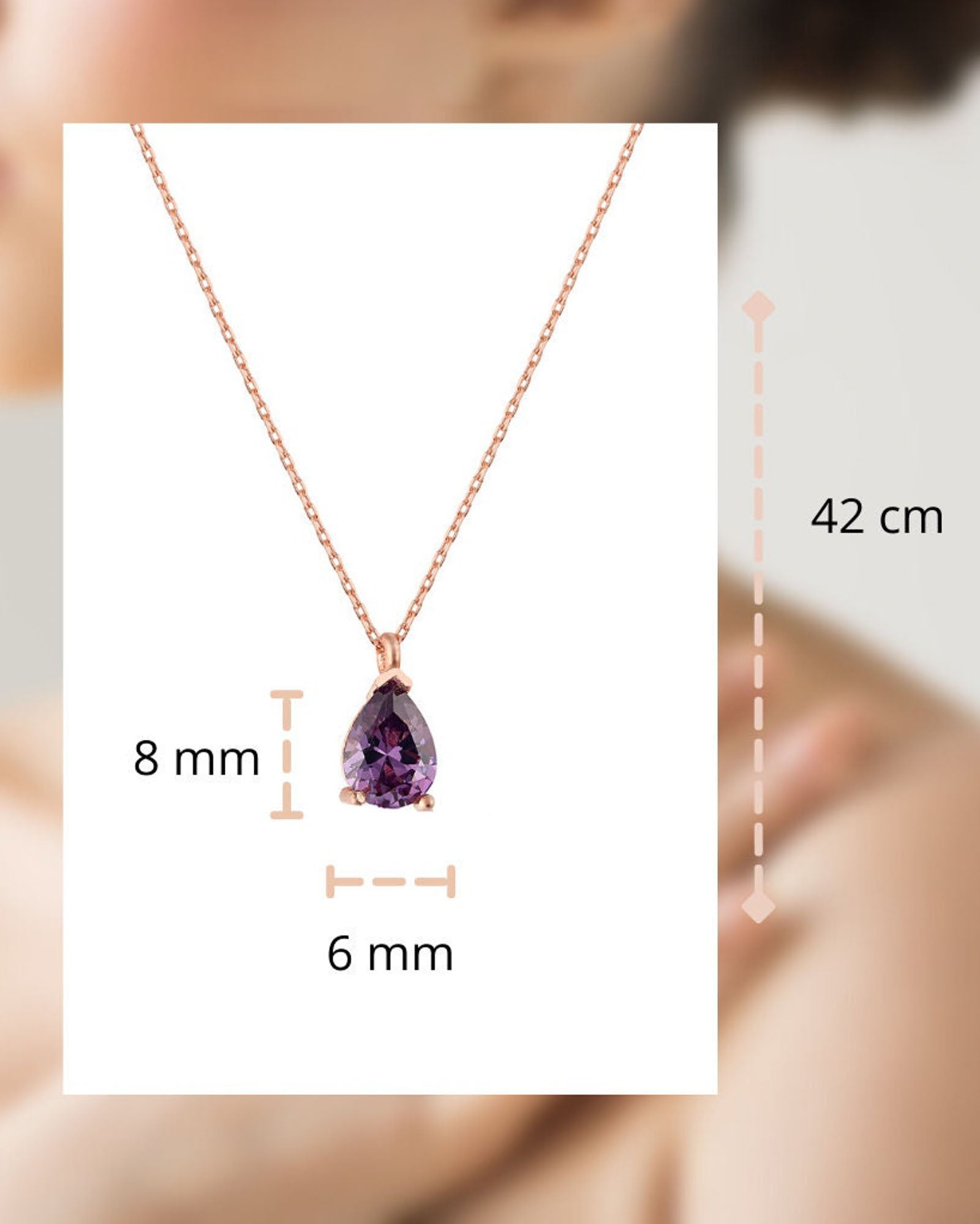 Rose gold necklace with purple teardrop pendant, measurements shown