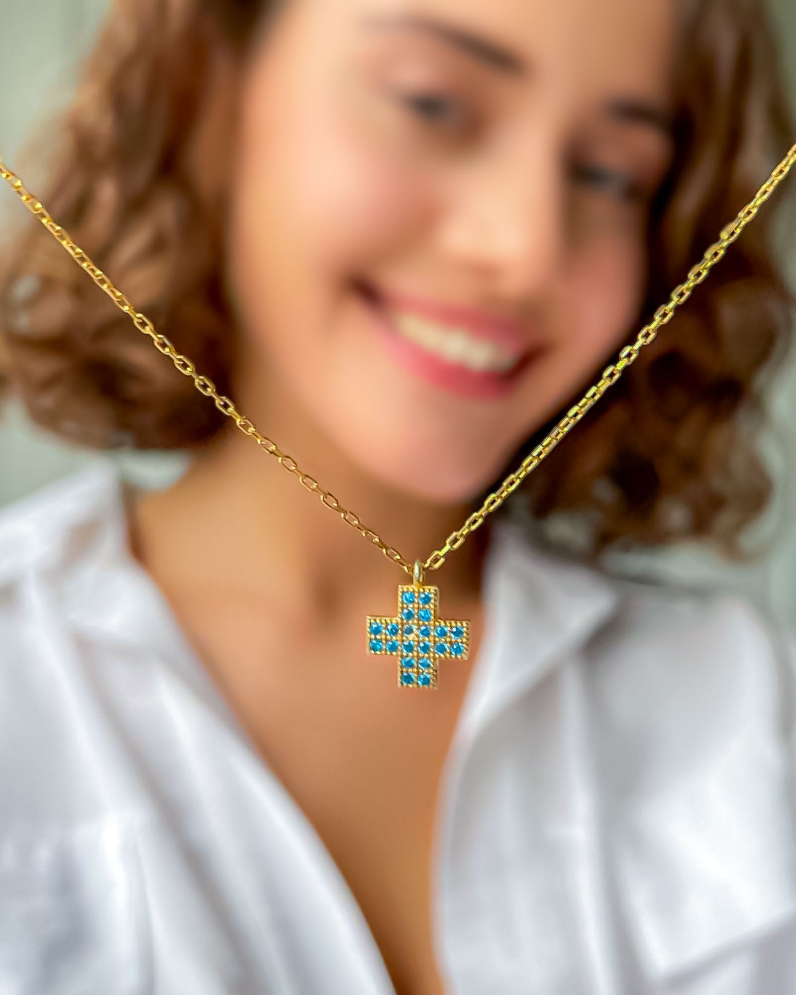 Sparkling Blue Cross Necklace - Sterling Silver