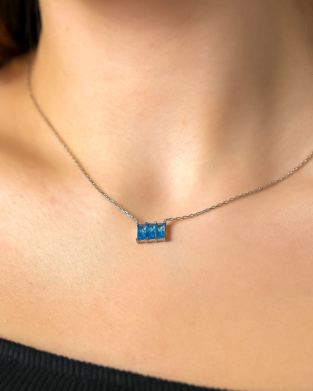 Baguette Cut Birthstone Necklace - Sterling Silver