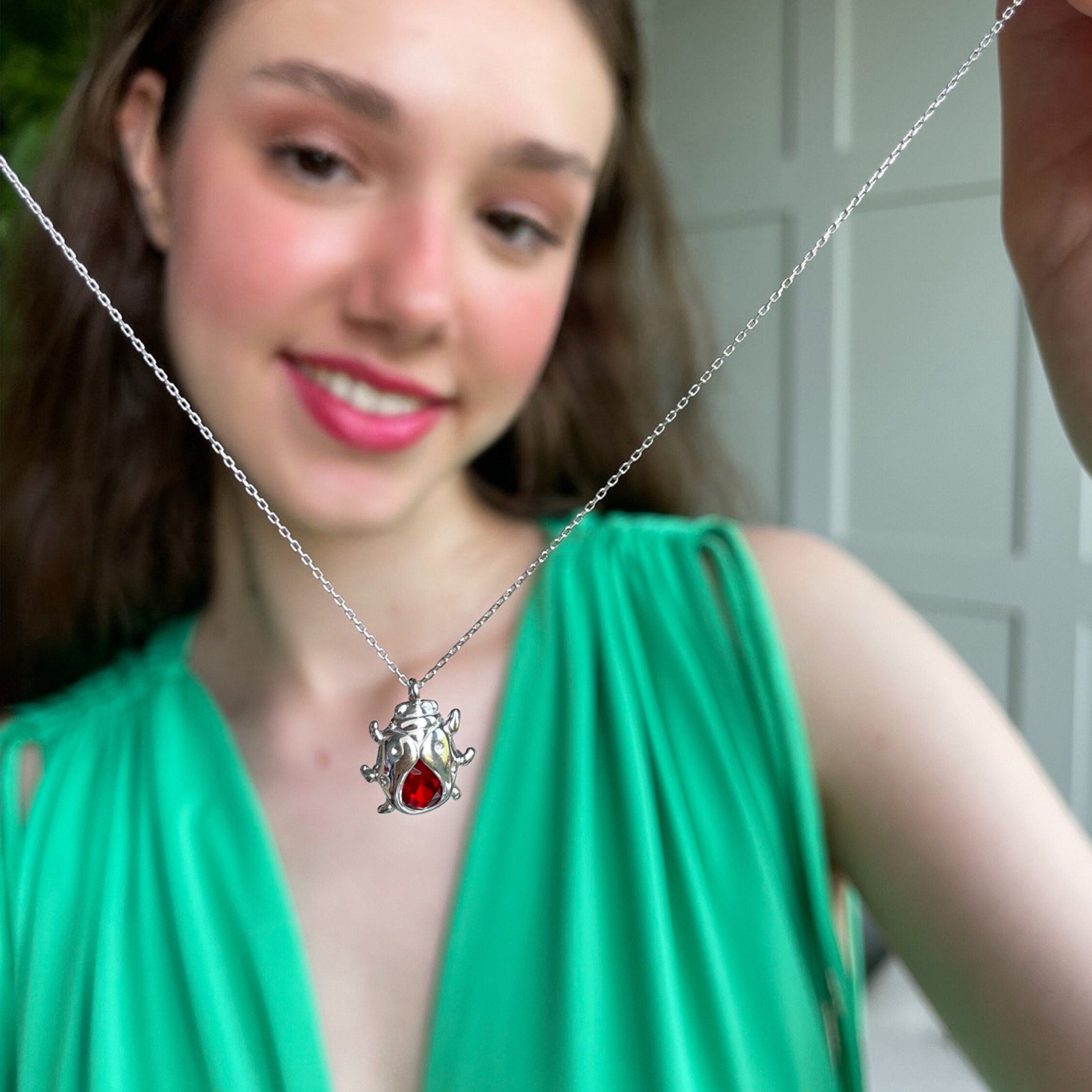 Red Garnet Ladybug Necklace - Sterling Silver
