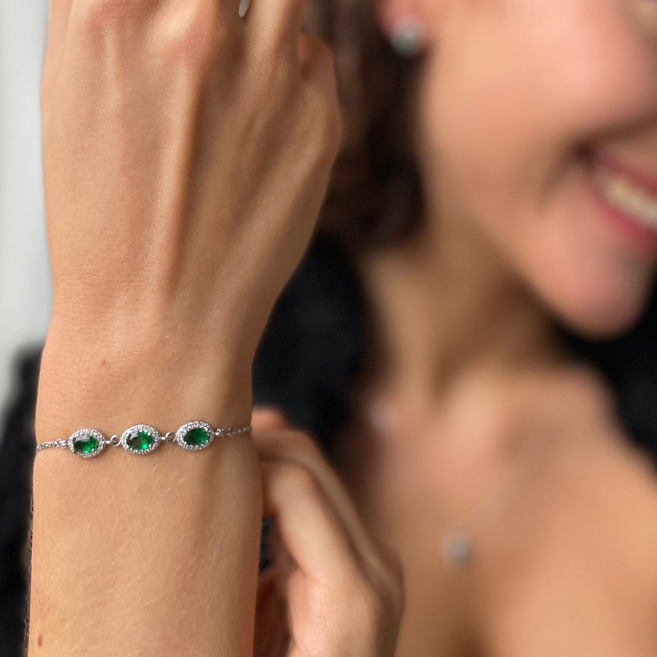 Dainty Emerald Bracelet With Zirconia Frame - Sterling Silver
