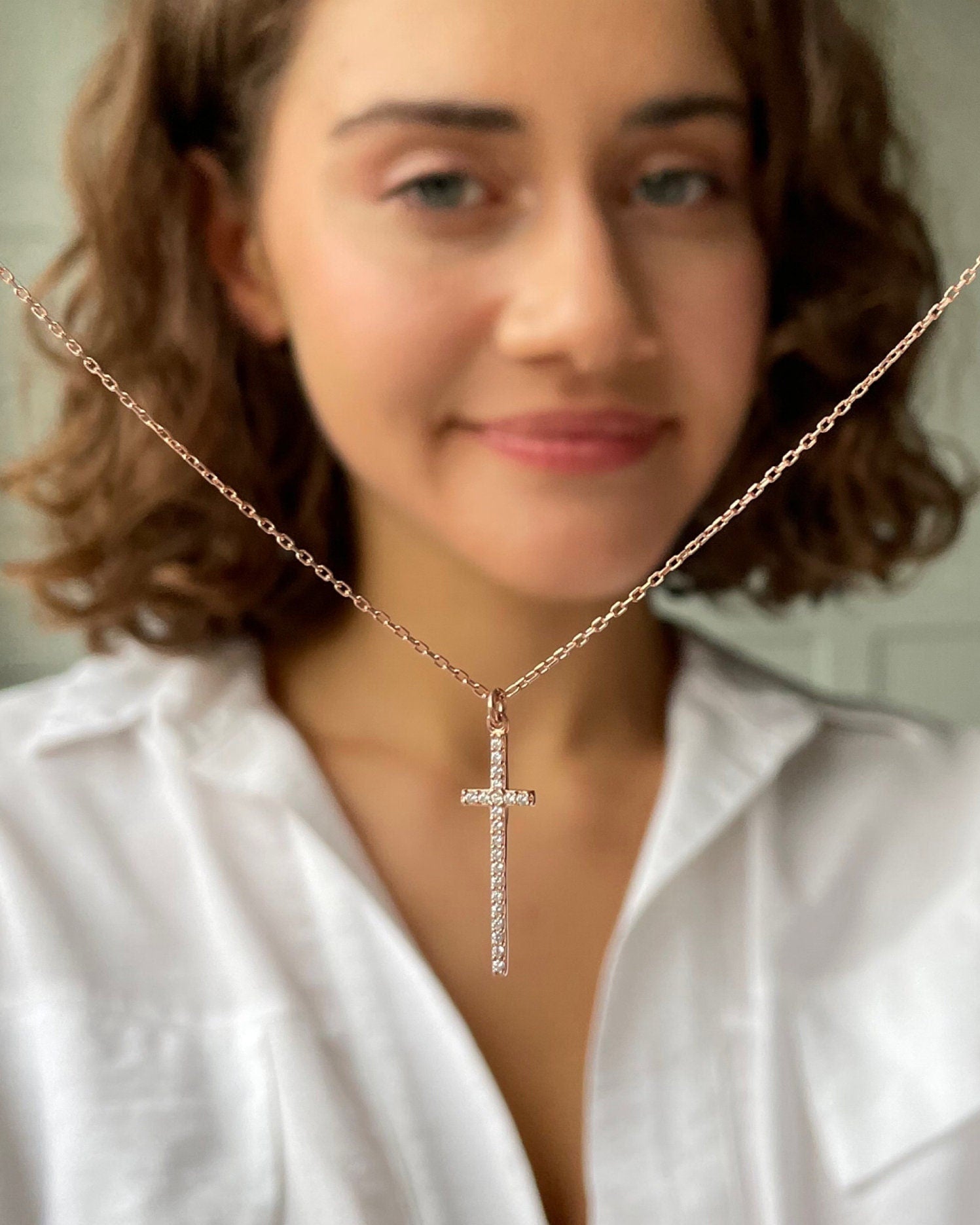 Elegant CZ Cross Necklace - Sterling Silver
