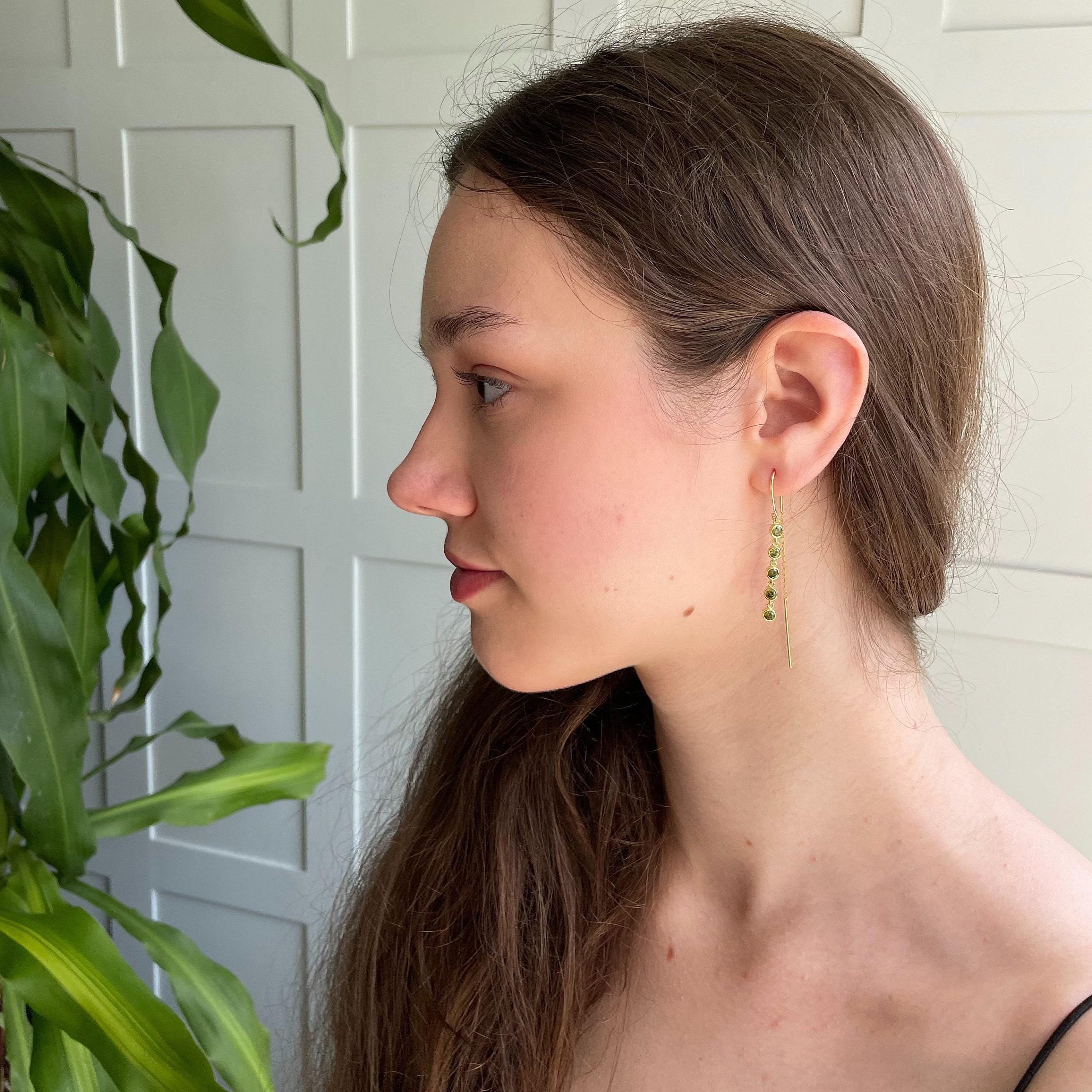 Olive Gemstone Long Dangle Earrings - Sterling Silver