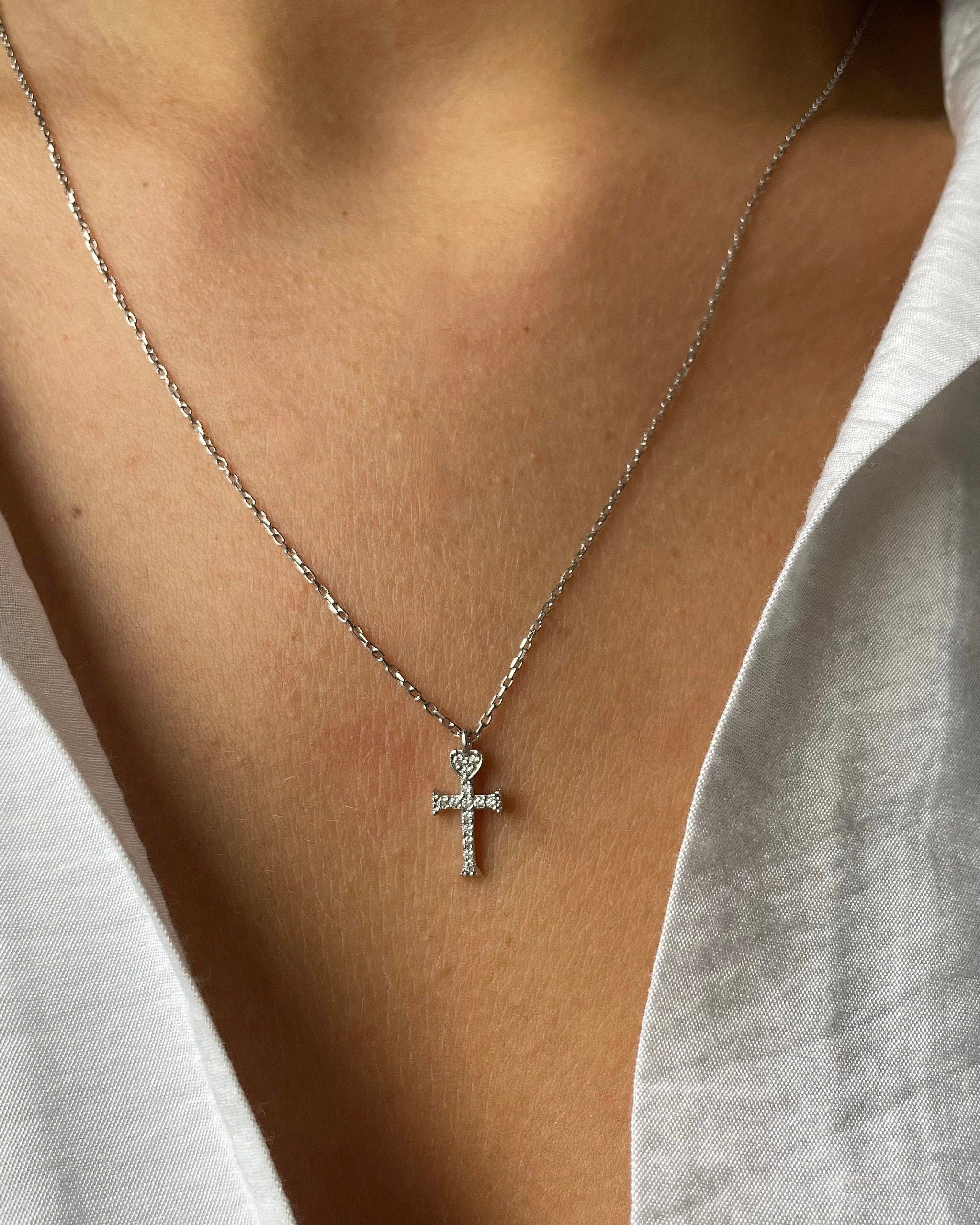 Dainty Heart Cross CZ Necklace - Sterling Silver