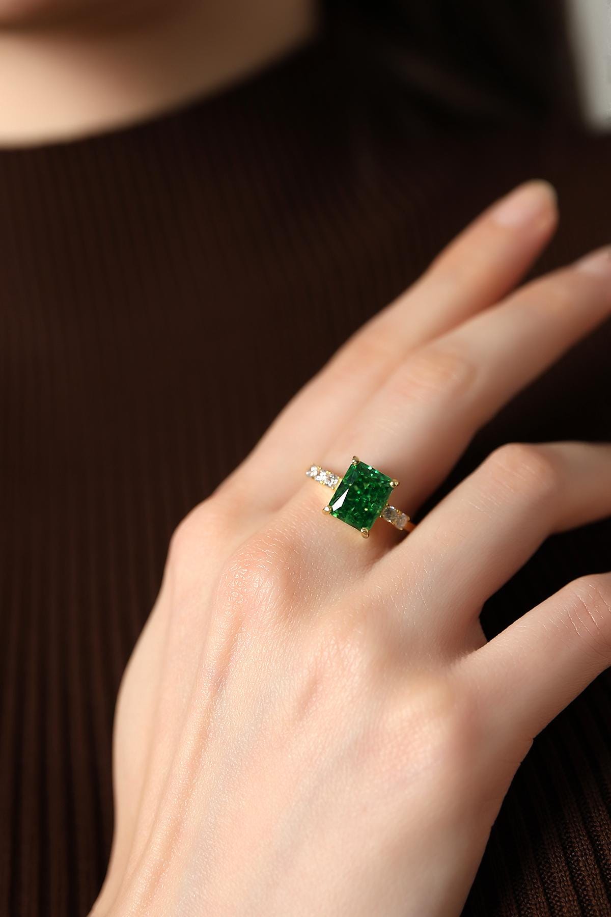 Princess Cut Emerald Ring - Sterling Silver