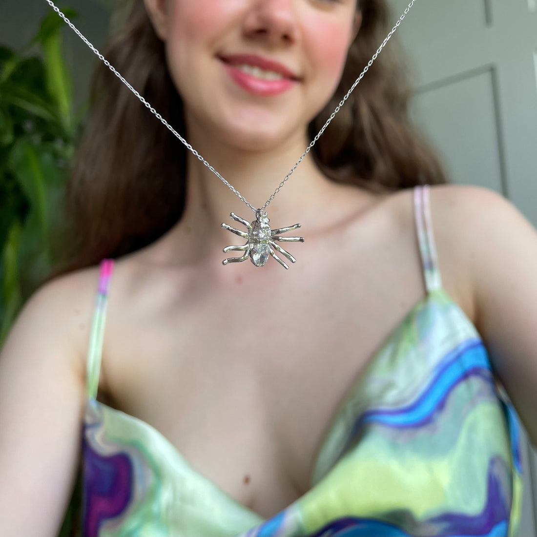 Silver Spider CZ Charm Necklace - Sterling Silver