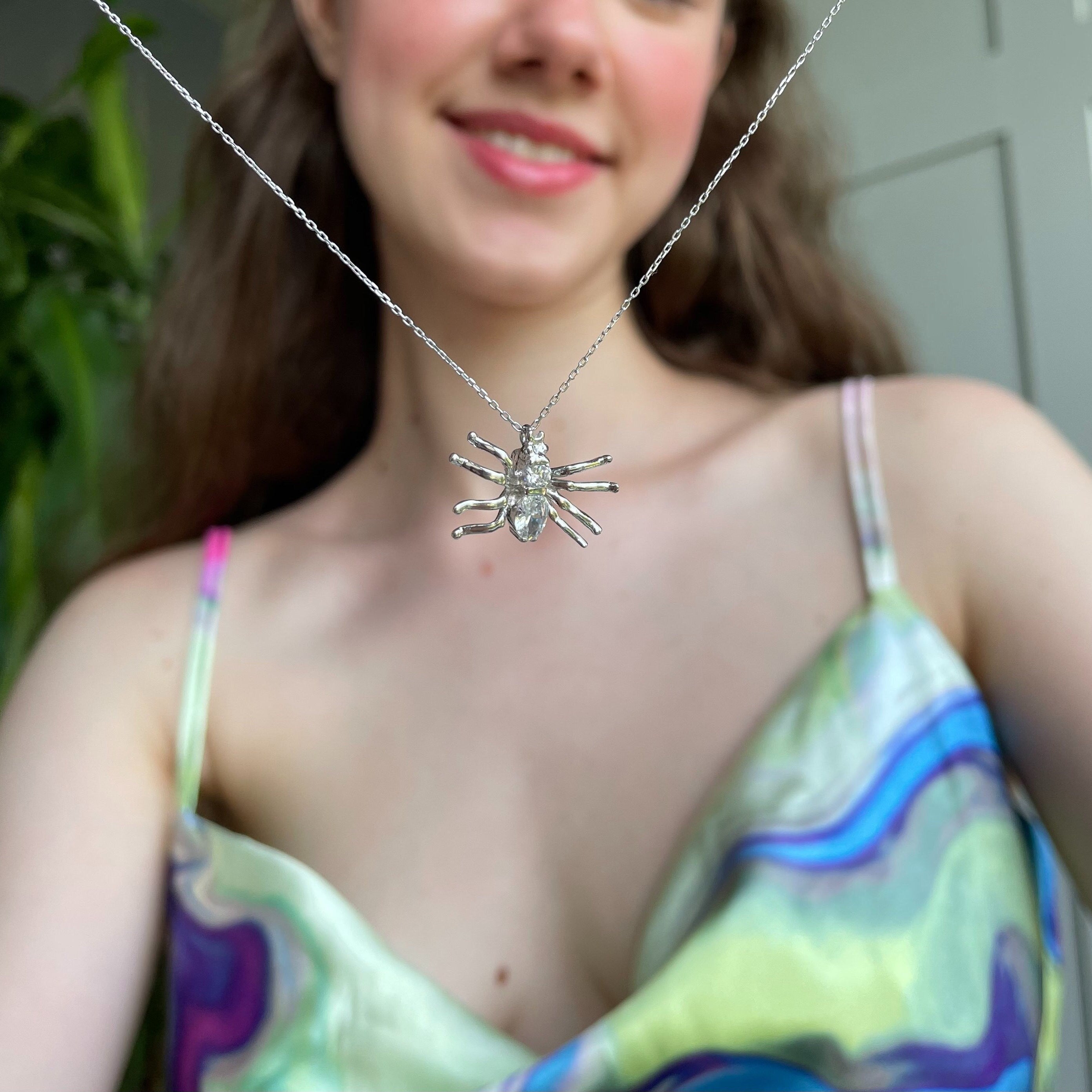 Silver Spider CZ Charm Necklace - Sterling Silver