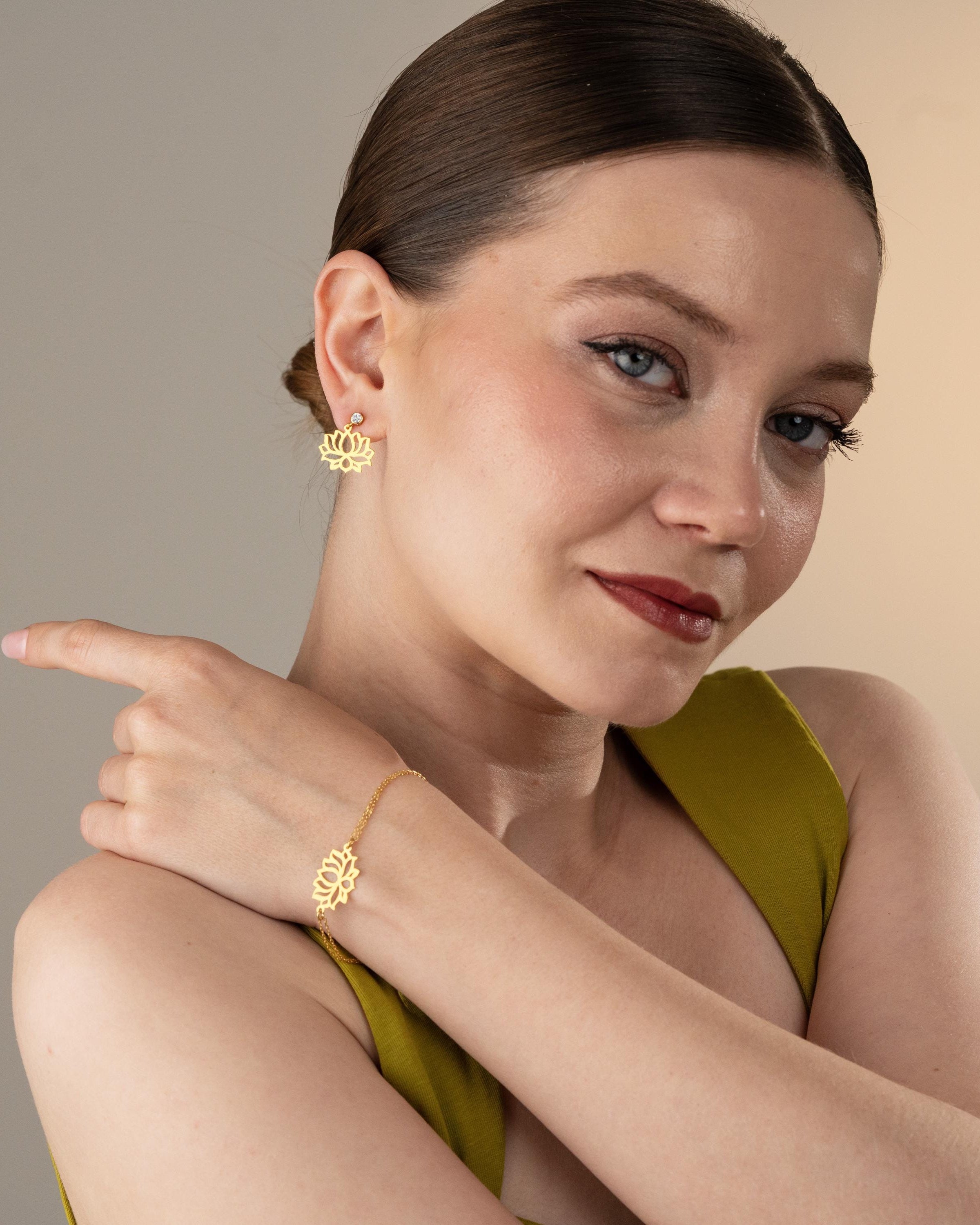 Gold Lotus Flower Jewelry Set - Sterling Silver