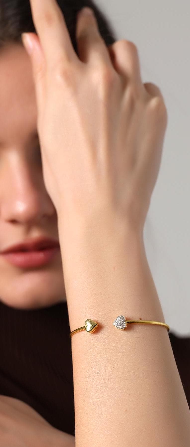 Gold Heart Open Cuff Bracelet - Sterling Silver