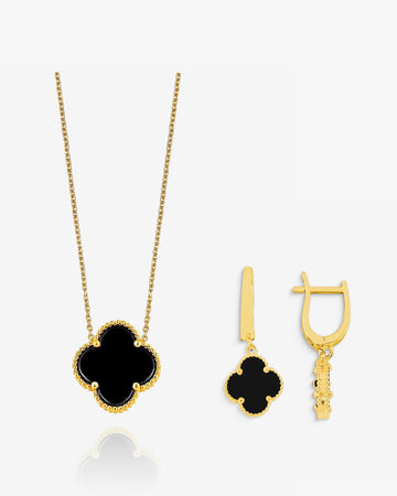 Black Clover Necklace & Earrings Set - Sterling Silver