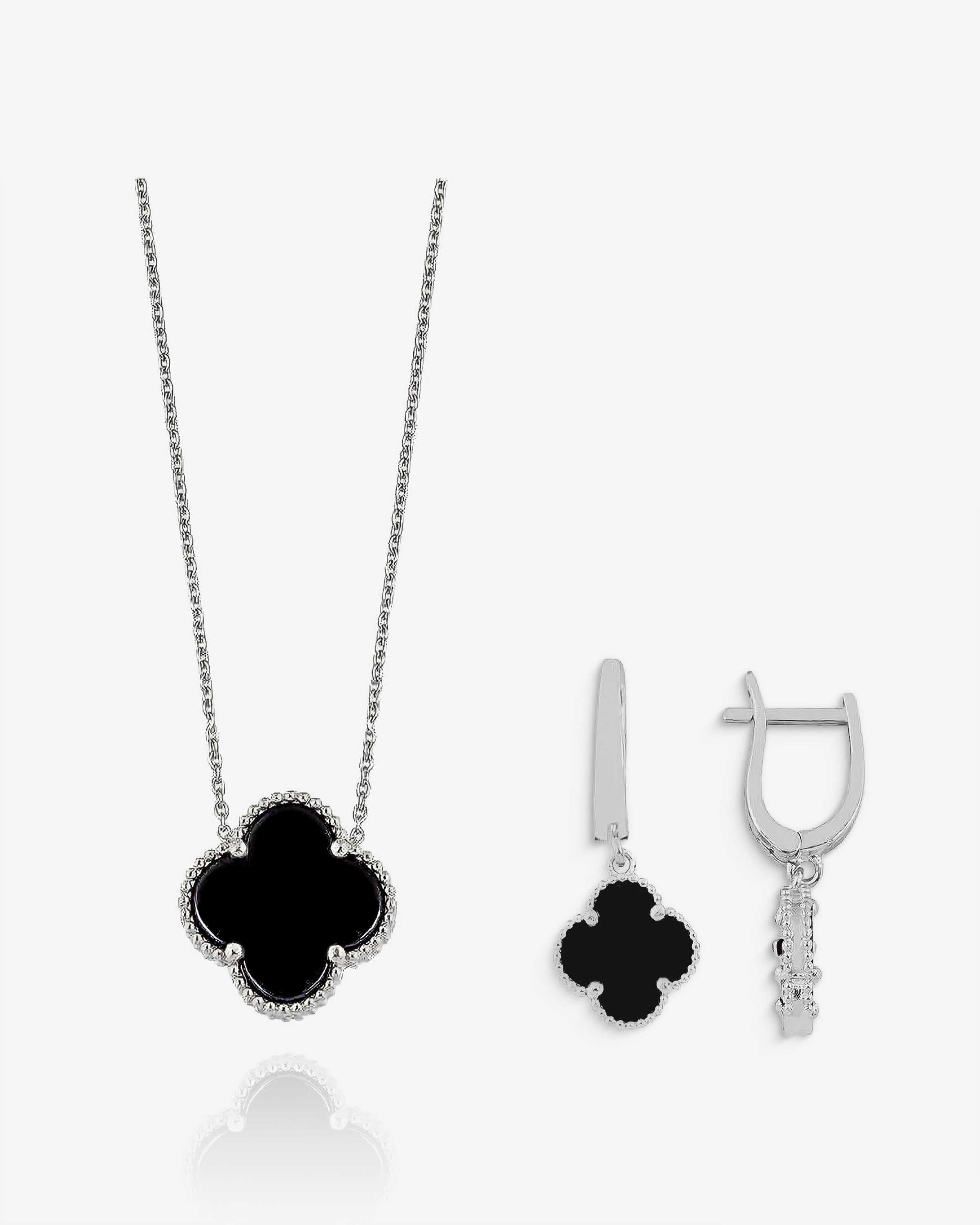 Black Clover Necklace & Earrings Set - Sterling Silver