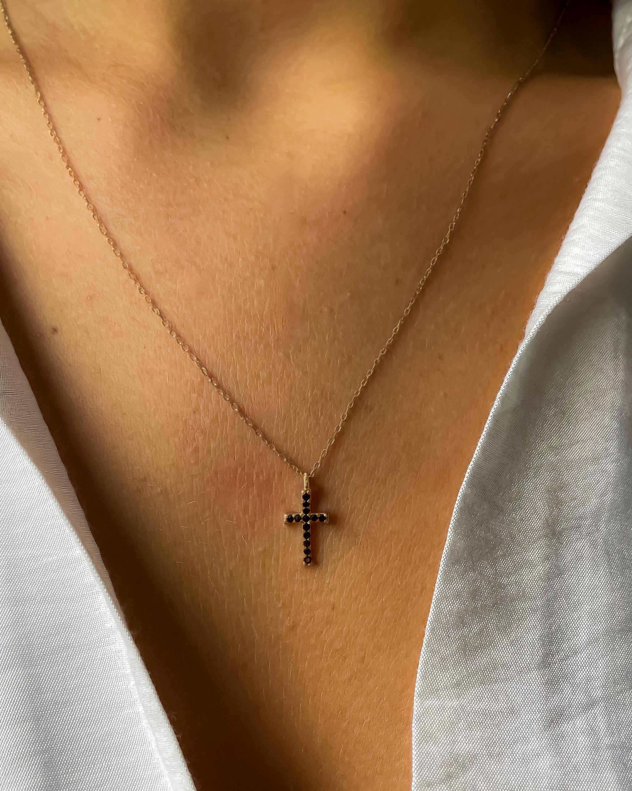Black Gemstone Cross Necklace - Sterling Silver