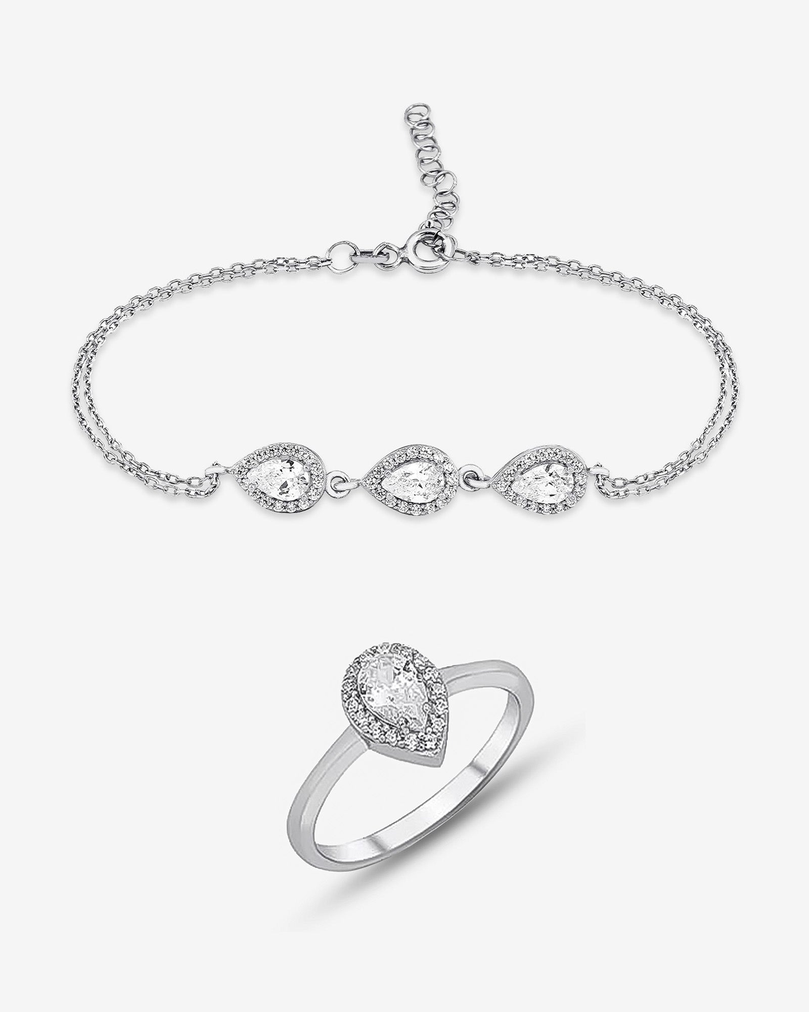 Teardrop CZ Ring & Bracelet Set - Sterling Silver