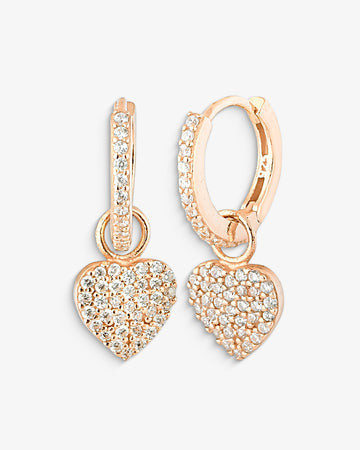 Pavé Heart Charm CZ Hoop Earrings - Sterling Silver