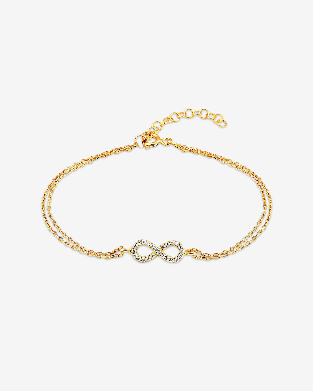 Gold bracelet with interlocking heart charms on a white background